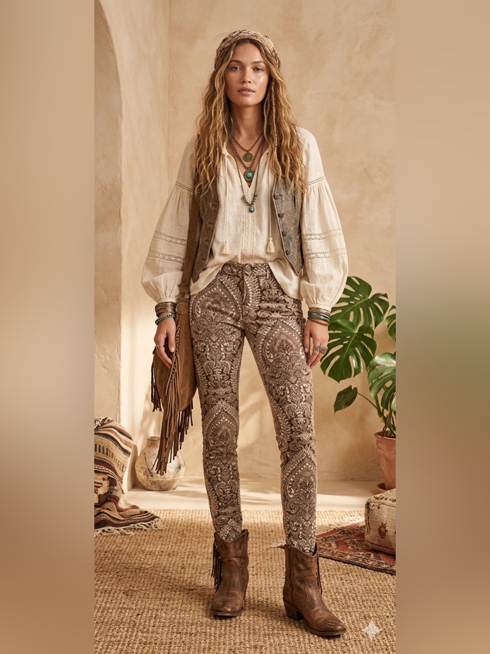 J. McLaughlin Brown/Off-White Mega Ravi Paisley Lexi Jeans Henna Tattoo Print